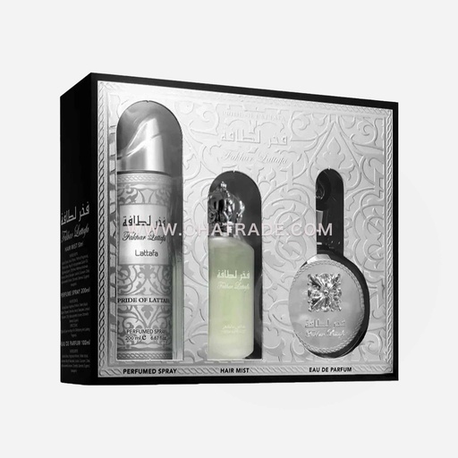 Fakhar Lattafa Silver Gift Set 3pcs (Hair Mist-Deo-EDP)